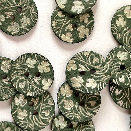 Matt chalky shell greyish green colour laser stem and leaf design button